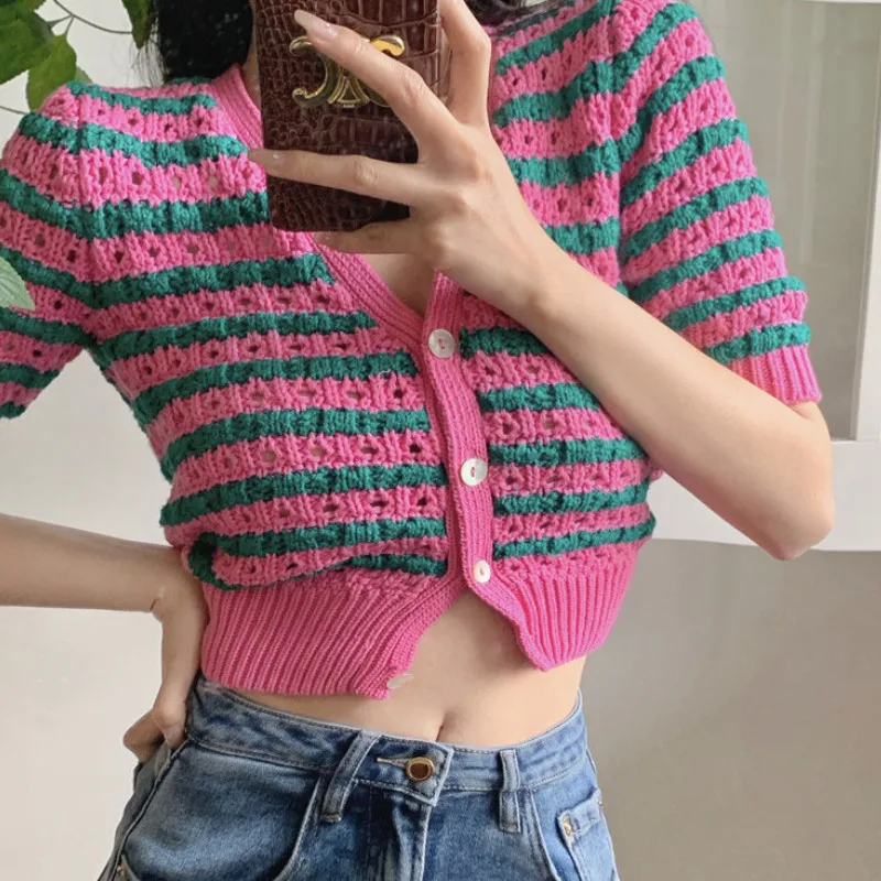 Women's Button Down Sweater Crop Tops, Elegant Sexy Hollow Out Short Sleeve V Neck Striped Print Knit Cardigan Women's Clothing
Women's Button Down Sweater Crop Tops, Elegant Sexy Hollow Out Short Sleeve V Neck Striped Print Knit Cardigan Women's Clothing