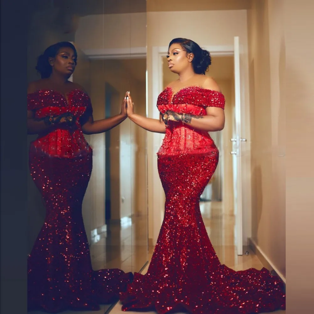 Aso Ebi Red Sequined Prom Dresses Sheer Neck Glitter Off The Shoulder Mermaid Evening Gowns African Women Formal Robes De Soirée
Aso Ebi Red Sequined Prom Dresses Sheer Neck Glitter Off The Shoulder Mermaid Evening Gowns African Women Formal Robes De Soirée