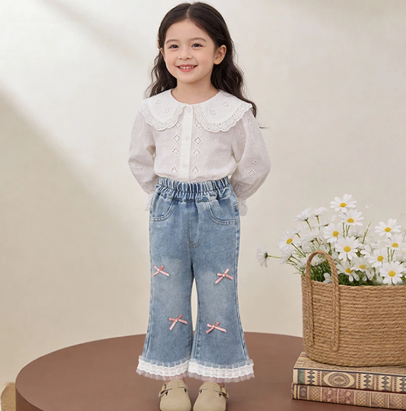 بنطلونات جينز للفتيات لفصلي الربيع والخريف بأسلوب غربي مع دانتيل وفيونكة، سراويل واسعة من الأسفل، بنطلونات طويلة أنيقة للفتيات الصغيرات بأسلوب كوري متعدد الاستخدامات بنطلونات جينز للفتيات لفصلي الربيع والخريف بأسلوب غربي مع دانتيل وفيونكة، سراويل واسعة من الأسفل، بنطلونات طويلة أنيقة للفتيات الصغيرات بأسلوب كوري متعدد الاستخدامات