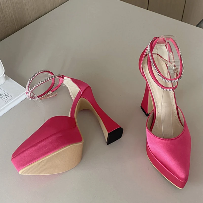 

Sexy Crystal Ankle Strap High Heels Women Pumps Sandals Fashion Solid Silk Pointed Toe Platform Chunky Party Prom Shoes