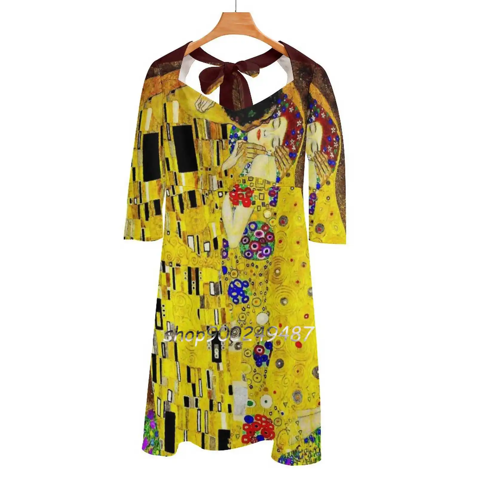 

The Kiss 1917 : Gustav Klimt High Definition Print Sweetheart Knot Flared Dress Fashion Design Large Size Loose Dress Gustav