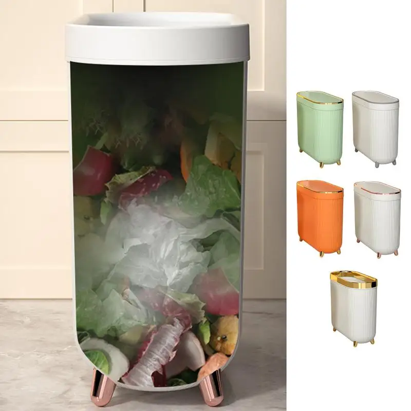 

Slim Bathroom Trash Can with Press Top Lid Rectangular Wastebasket Bedroom Kitchen Garbage Container Bin For Toilet Waste