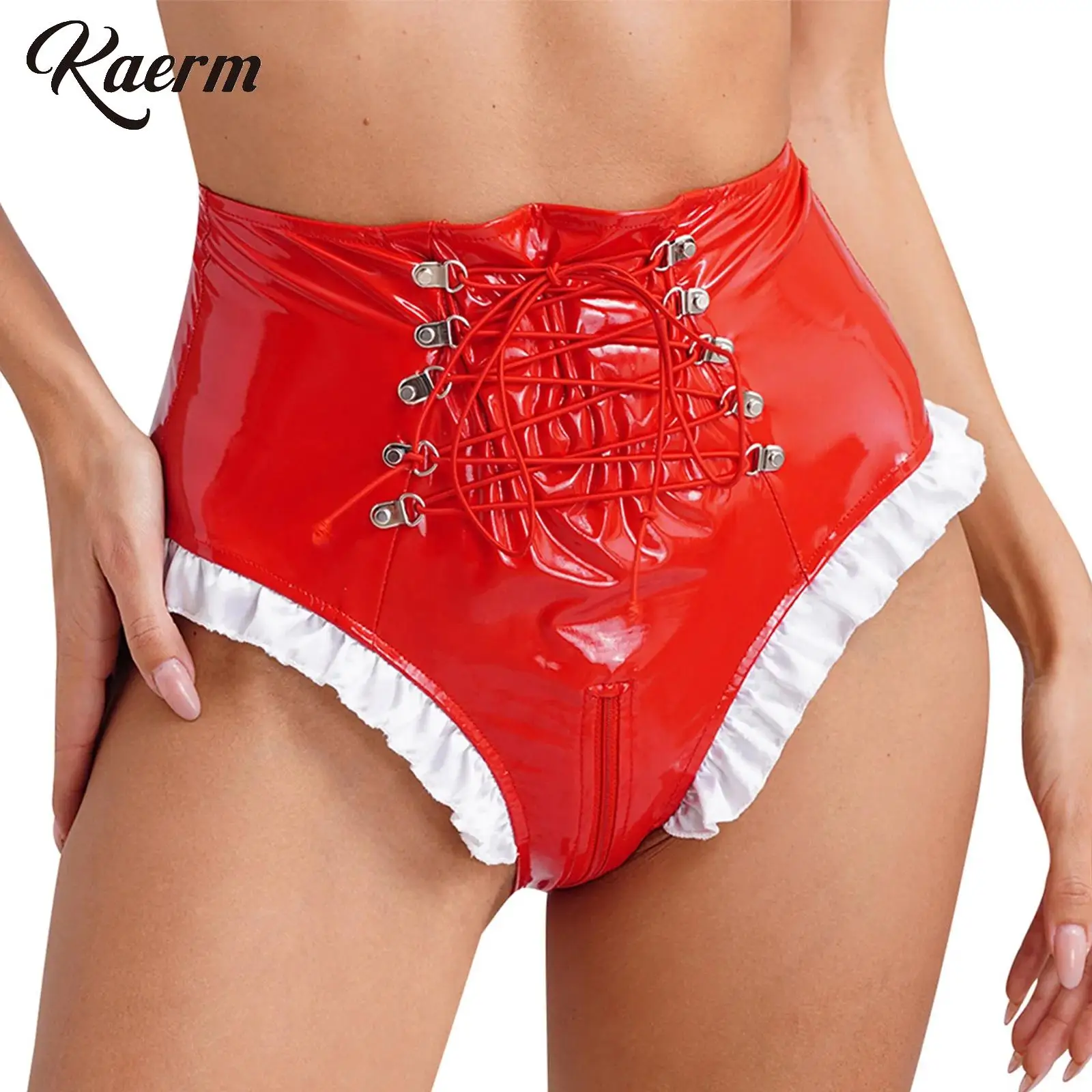 

Womens Glossy Patent Leather Underwear Frilly Maid Knickers High Waist Lace-up Zipper Crotch Underpants Sexy Briefs Lingerie