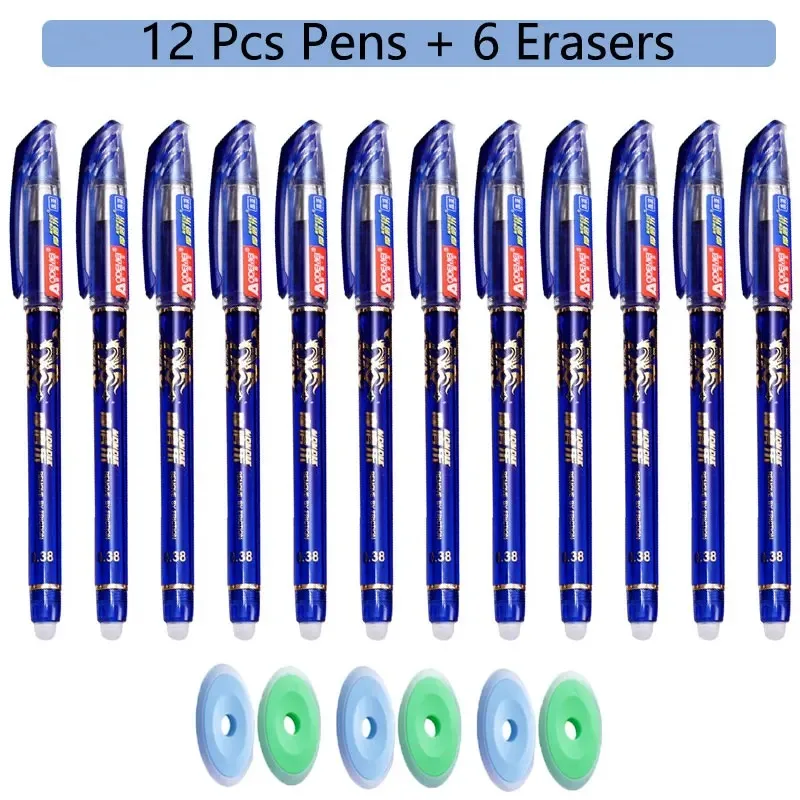 

12Pcs/Set Erasable Gel Pens Black Blue Refill Rod 0.5mm Ballpoint Pen Washable Handle School Office Writing Supplies Stationery