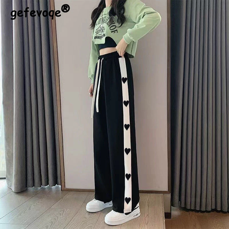 

Lover Print Patchwork Straight Wide Leg Female Trousers Women Fashion Loose Casual Streetwear High Waist Jogger Pants Sweatpants