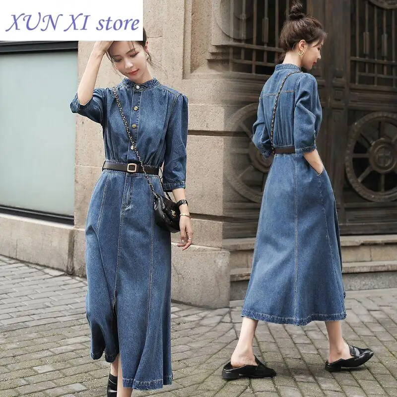 

New Fashion Long Denim Dress Female Autumn Vintage Mid-sleeve Slim Elegant Dresses with Pockets Buttons Casual Clothing
