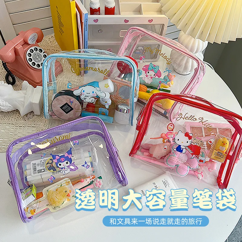 

New Hello Kitty Y2K Transparent Pen Bag Sanrio Kawaii Anime Kuromi Cinnamoroll My Melody Travel Toiletry Bag Large Capacity Toys