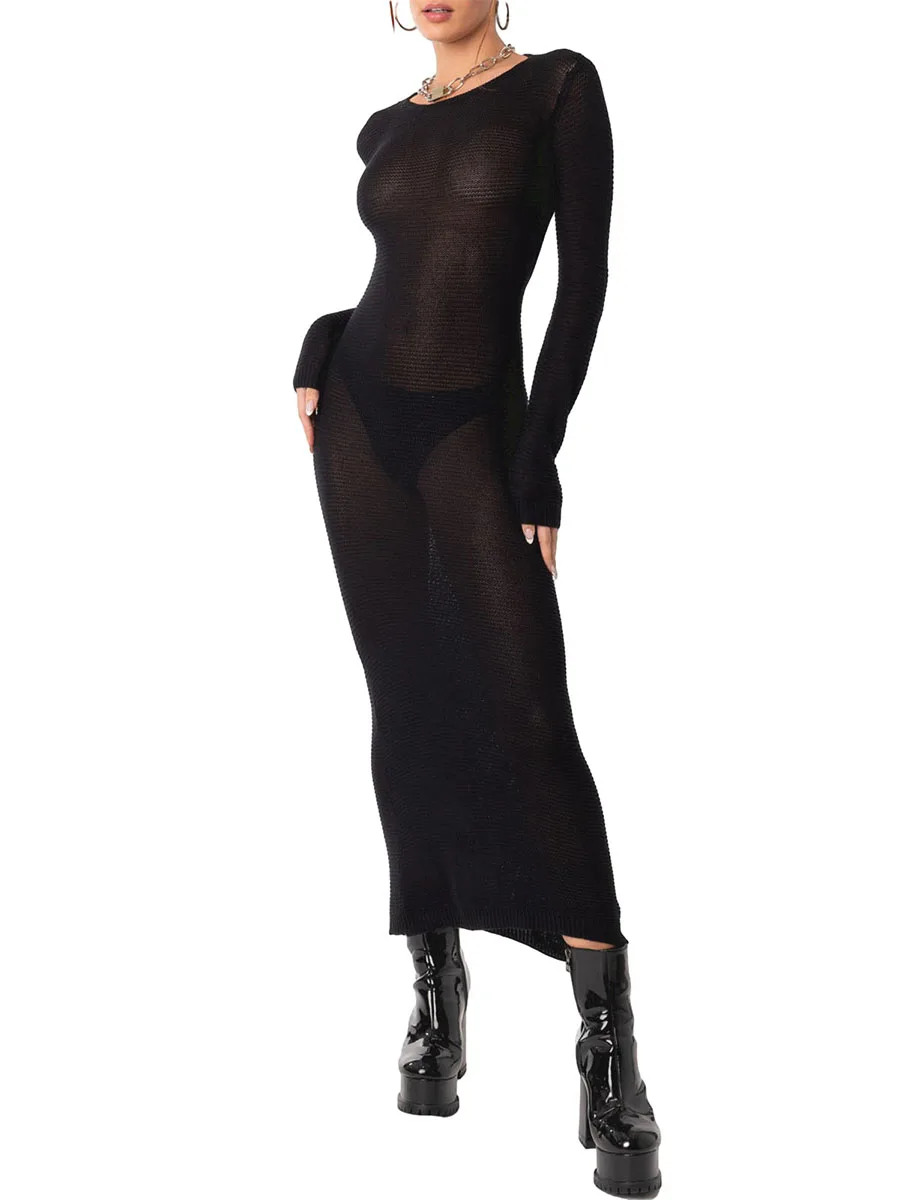 

Женское прозрачное вязаное длинное платье, вязаное крючком Макси облегающее платье с длинным рукавом, Пляжное бикини с открытой спиной, накидка, платья