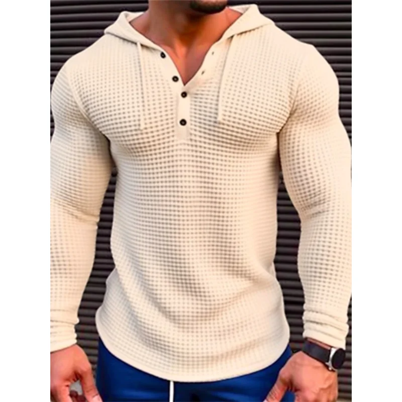 

2024 New Contrast Color Long sleeved T-shirt for Men's Henley Neck Breathable Sports Hoodie Waffle Polyester Casual Long Sleeves