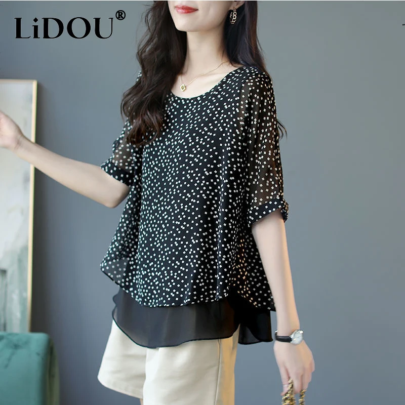 Summer Korean All-match Polka Dot Lady Tops Half Sleeve O Neck Loose Casual Pullover Female Fake Two-piece Chiffon Shirt Women
Summer Korean All-match Polka Dot Lady Tops Half Sleeve O Neck Loose Casual Pullover Female Fake Two-piece Chiffon Shirt Women