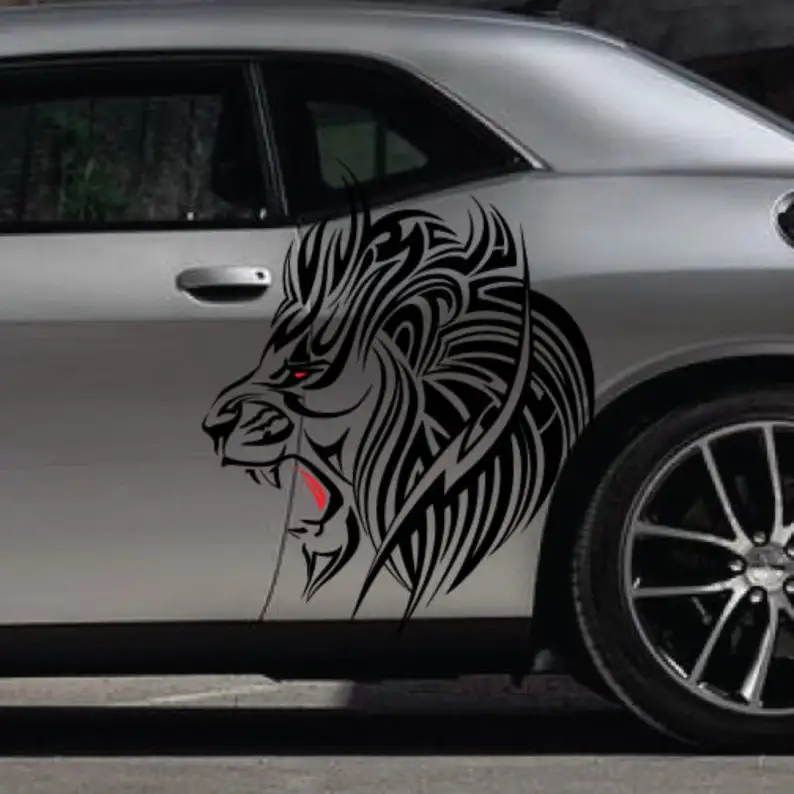 

2x Angry Lion King Teeth Fits Dodge Challenger Grunge Tattoo Design Tribal Door Bed Side Pickup Vehicle Truck Sticker Vinyl Grap