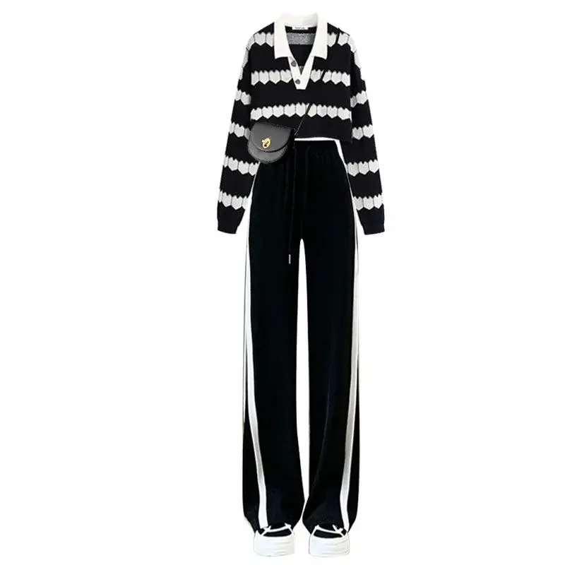 Women's Autumn Winter Suit Elegant Chic Short Knit Sweater Wide Leg Pants Two Piece Female Fashion Sweater Matching Set F290 
Women's Autumn Winter Suit Elegant Chic Short Knit Sweater Wide Leg Pants Two Piece Female Fashion Sweater Matching Set F290