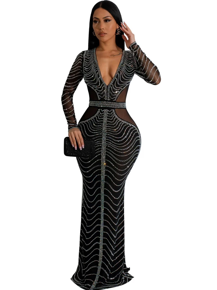 

Sexy Rhinestone Mesh Long Maxi Dress Party Evening Gowns Elegant Luxury Celebrity V Neck See Through Black Nude Bodycon Dresses