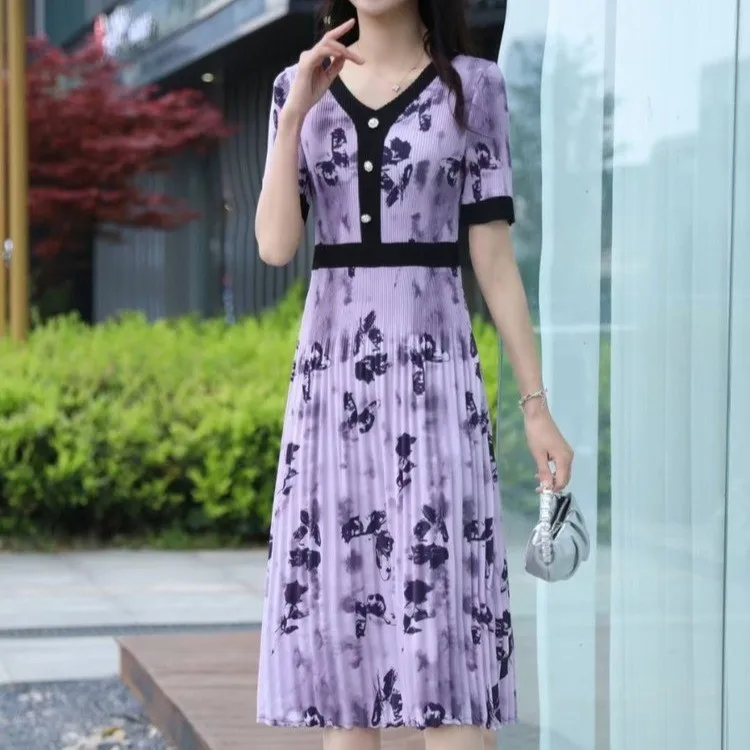 

Elegant Chiffon V-Neck Stylish Print Folds Spliced Midi Dress Women's Clothing Summer Office Lady Ladies Short Sleeve Slim Dress