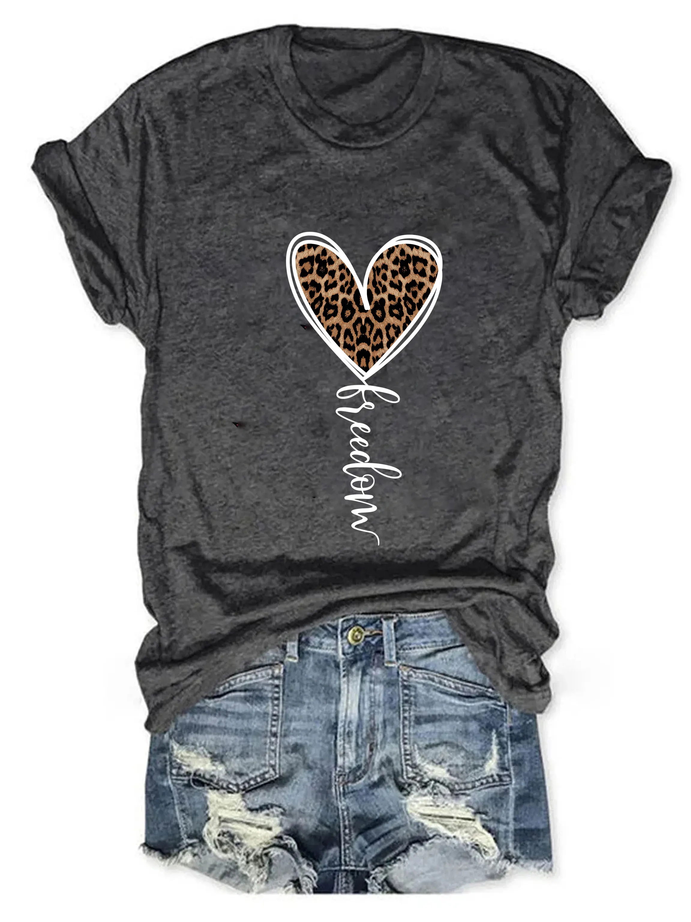 

Рубашка Freedom, леопардовая рубашка с принтом сердца, женская рубашка с коротким рукавом на День Независимости, забавная Летняя женская футболка