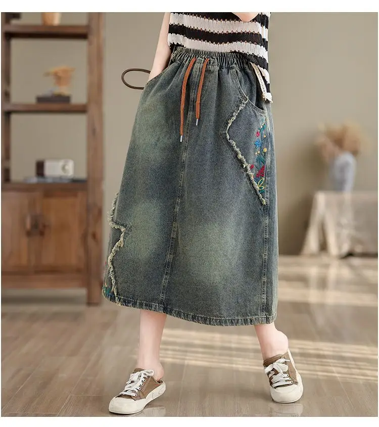 High waist Embroidered Denim Skirt For women Spring Summer 2026 Loose Elastic waist tie Versatile A-line Long Skirts Female 9 S816699a81630440fa48a6bc5f924175dv