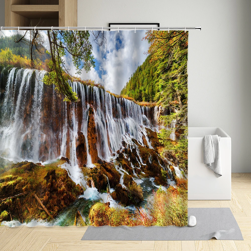 

Natural Scenery Waterfall Shower Curtain Forest Autumn Bridge River Waterproof Washable Cloth Bathroom Bathtub Decor Bath Screen