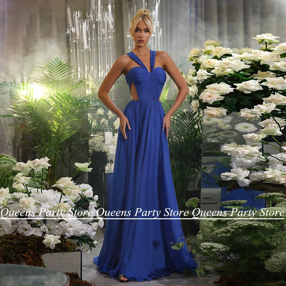 

Sexy Royal Blue Evening Dress Halter Sleeveless Pleat Chiffon Sweep Train Pageant Party Gown Formal Prom Dresses for Woman