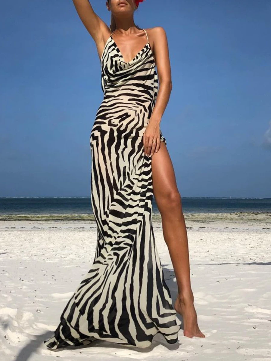

2023 Sexy Spaghetti Strap Side Split Beach Dress Summer Sundress Women Clothes Elegant Zebra Back Open Club Party Dresses