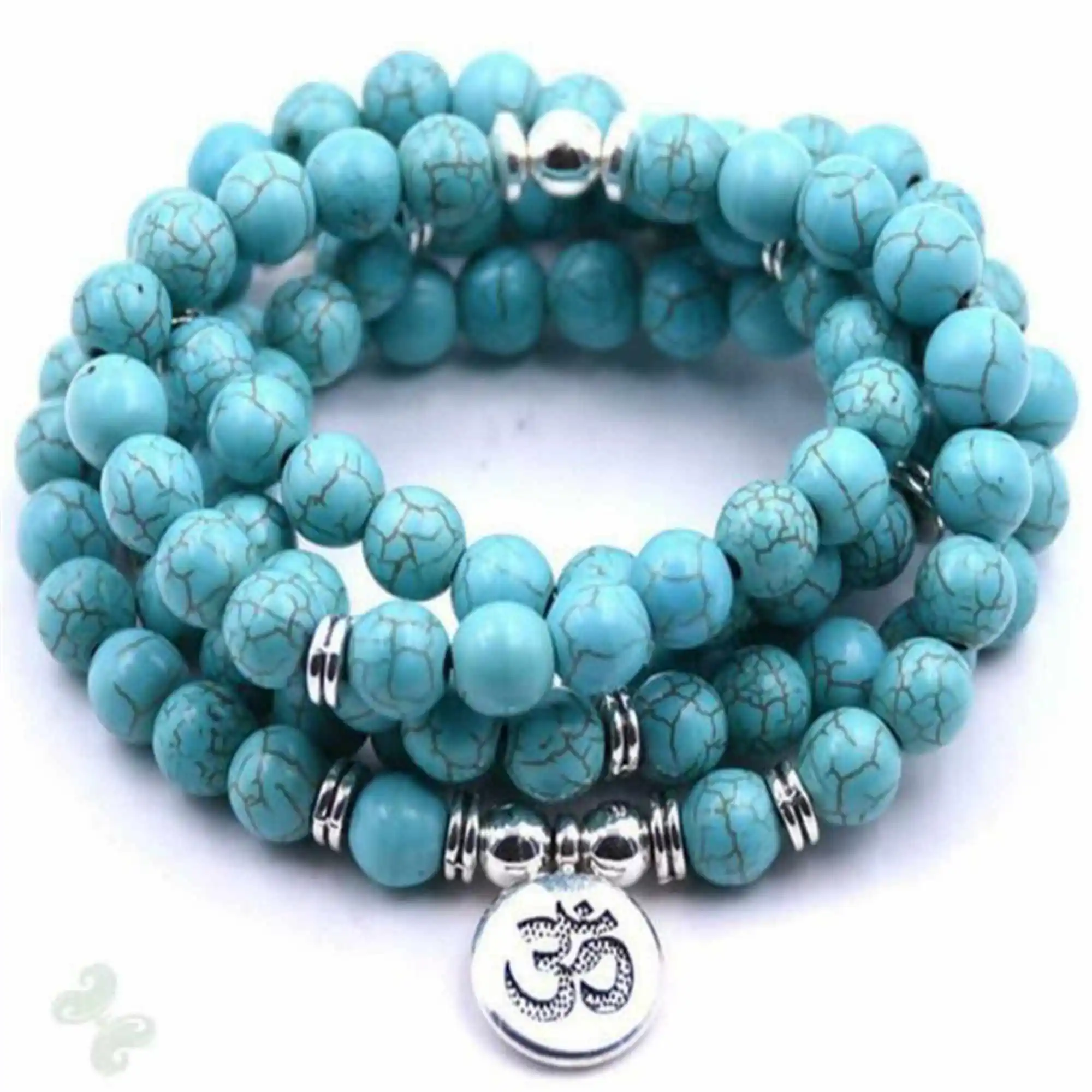 

6mm Blue Turquoise Bracelet 108 Beads Buddha Yoga Crafted Bangle Adjustable Semi-Precious Stones Contemporary Custom Unisex