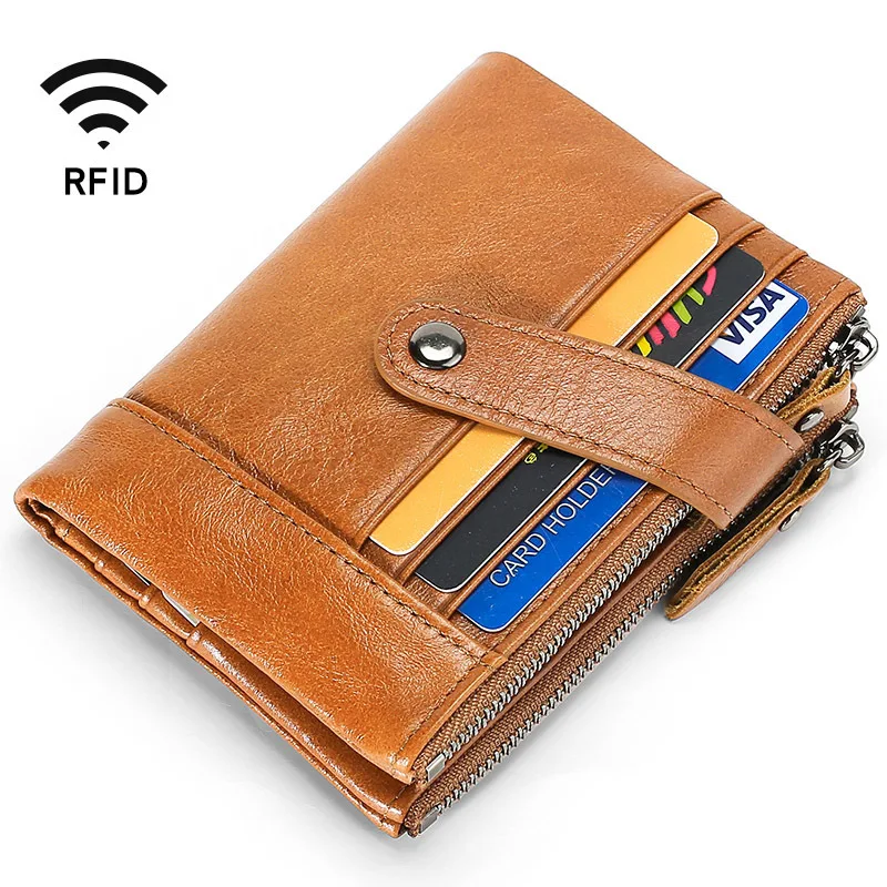 

Men's Genuine Leather RFID Blocking Bifold Wallet Fashion Zipper Hasp Business Card Holder Short Male Money Clip Coin Purse