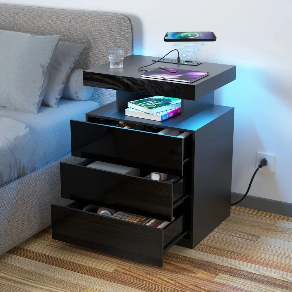 

LED Nightstand with Wireless Charging Station, Bedside Table 3 Drawers Night Table, Smart Nightstand High Gloss End Side Table