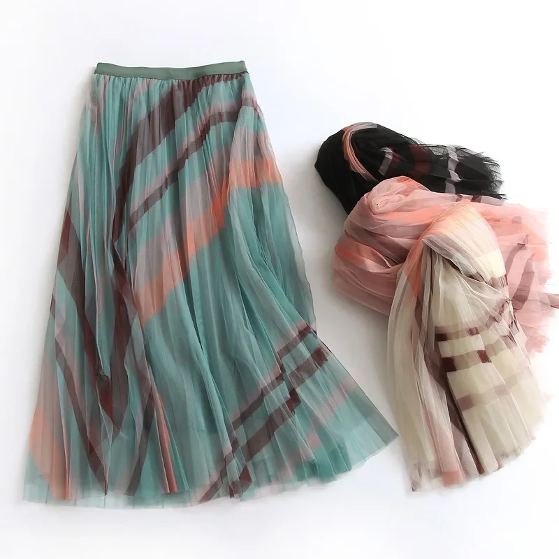 

2024 New Summer Geometric Printed Long Pleated Tulle Skirt Elegant Korean Style Irregualr Striped A-line Mesh Skirts P290