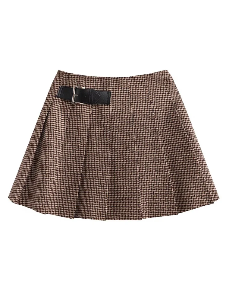 

MESTTRAF Women 2023 Fashion Leather Buckle Decoration Checkered Pleated Mini Skirt Vintage High Waist Zipper Fly Female Skirts