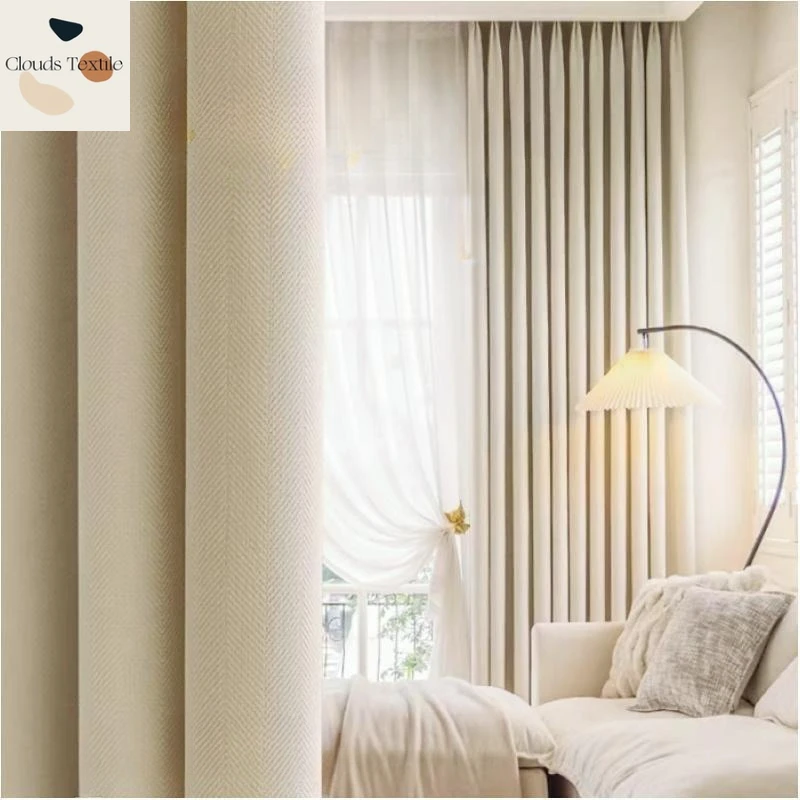 

French Chenille Curtains for Living Dining Room Bedroom Herringbone Pattern Thickened High Blackout Cream Color Floating Window