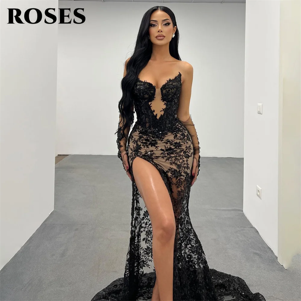 

ROSES Black Evening Dress Lace Sweetheart Sleeveless Prom Dress With Gloves Party Dress Sexy Side Split Trumpet Robe De Soirée