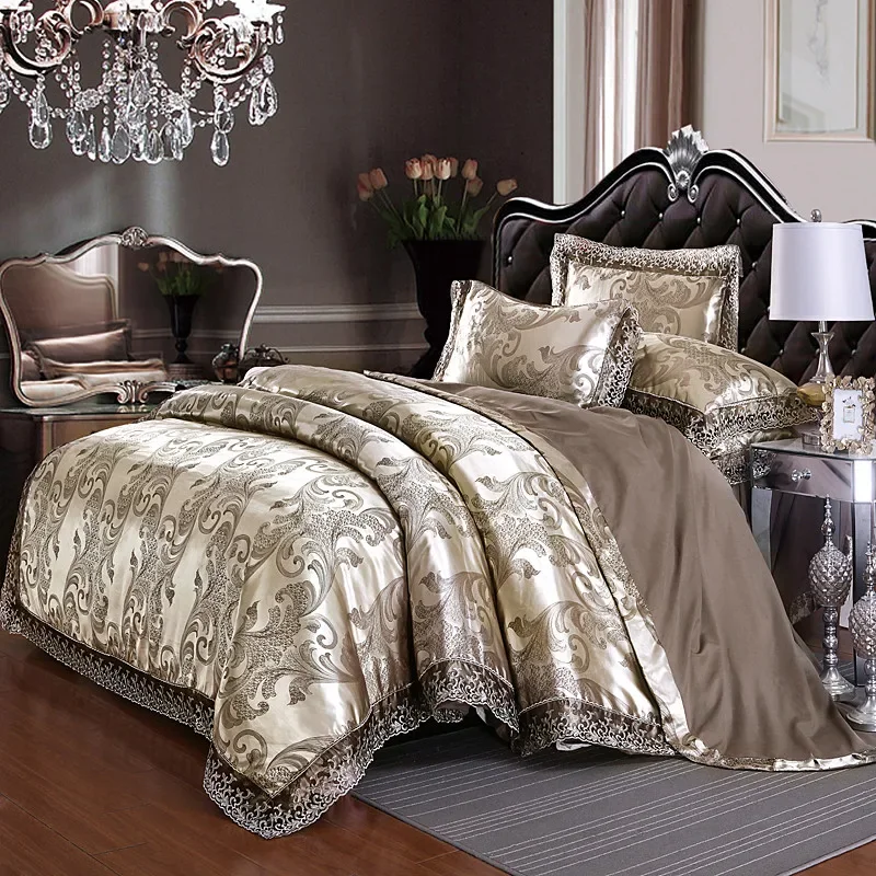

Jacquard Bedding Sets Queen King Size 4pcs Lace Satin Duvet Cover Set Wedding Bedclothes Bedsheet Linen Cotton Bedspread Set