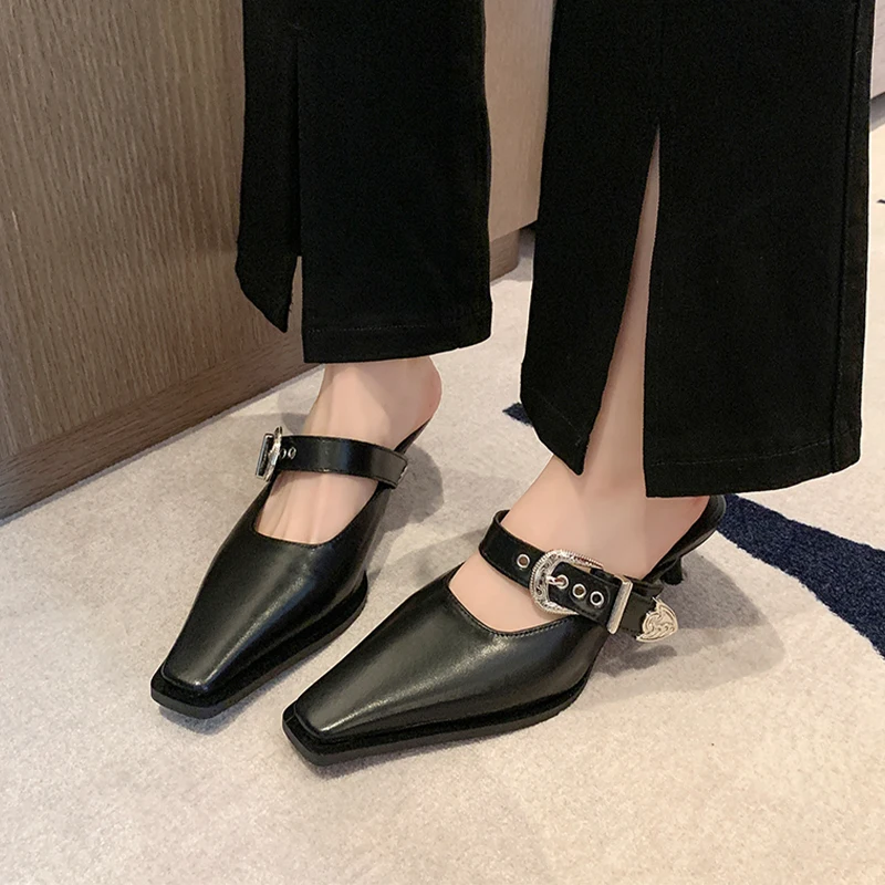

Mid Heels Slippers Shoes Square Toe Women Spring Sexy Mules Shoes Fashion 2024 New Shallow Slingback Female Pumps Slides Zapatos