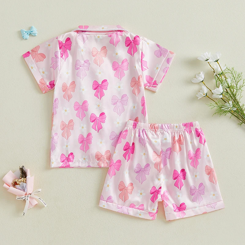 Summer Pajamas Set Bow Print Lapel Short Sleeve Button Down Tops with Shorts Kids Satin 2 Pieces Sleepwear Summer Pajamas Set Bow Print Lapel Short Sleeve Button Down Tops with Shorts Kids Satin 2 Pieces Sleepwear