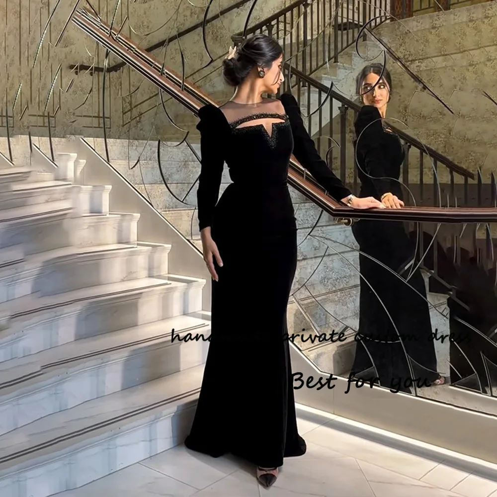 

Black Velvet Mermaid Evening Dresses Long Sleeve O Neck Beads Velour Formal Dress Arabic Dubai Prom Party Gowns Floor Length