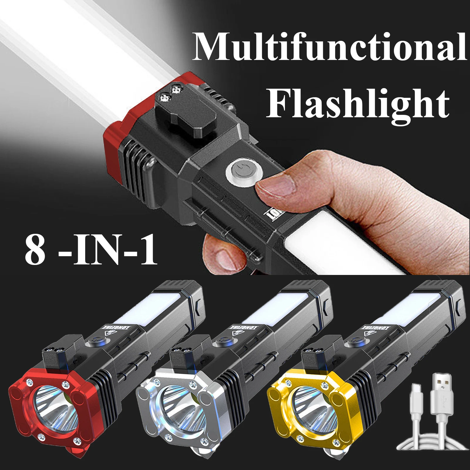 

Super Bright Rechargeable LED Flashlights Automobile Safety Hammer Car Multi-Function Torch Eight-in-One Car Window Breaking