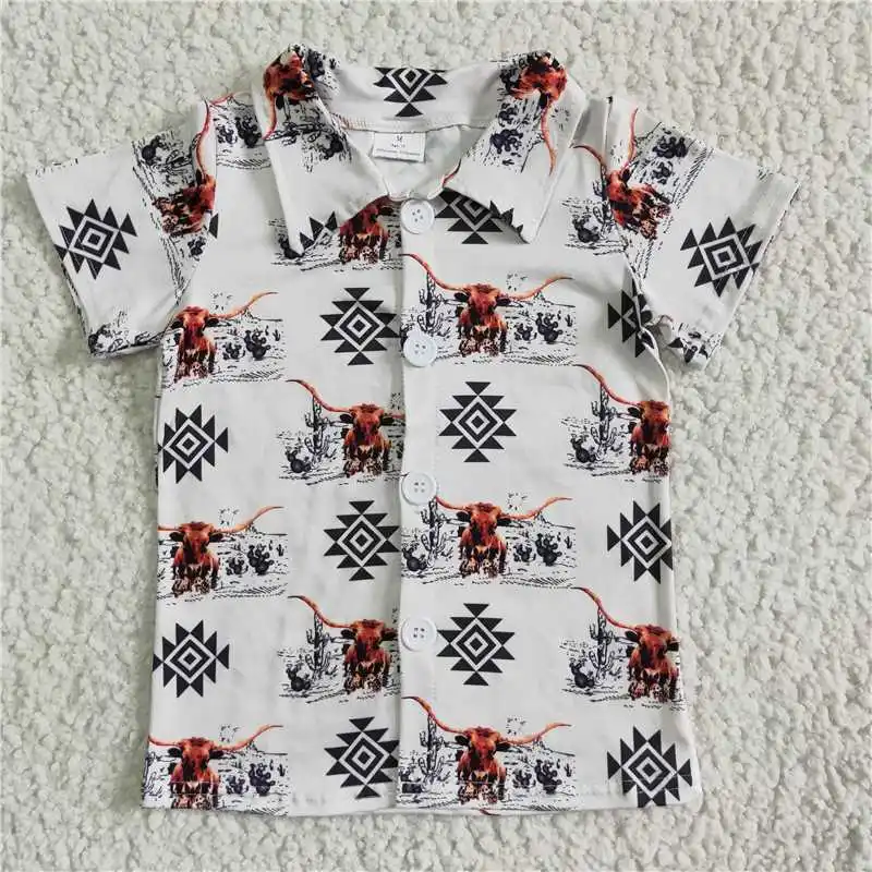 

Wholesale Summer Southwestern Bull Shirt Beachwear Kid Clothing Baby Boy Short Sleeve Button Down Top Children Infant Clothes