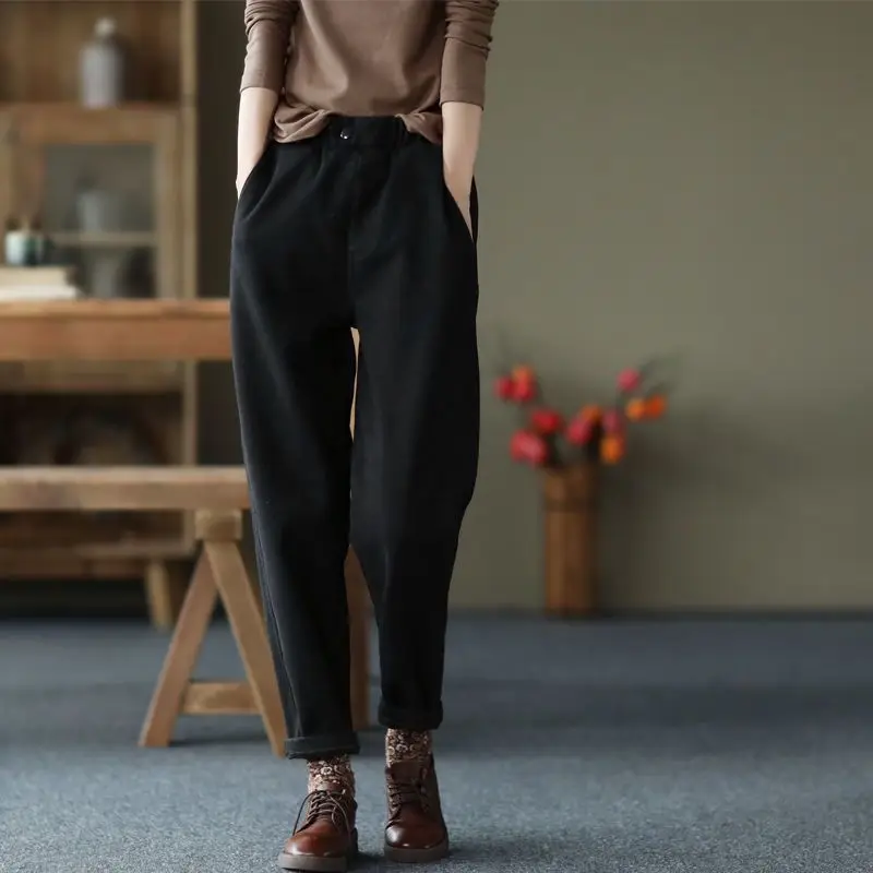 

Женские зимние брюки Harlan с эластичным поясом, модные ретро брюки из чистого хлопка и флиса с карманами, утепленные теплые свободные универсальные повседневные брюки