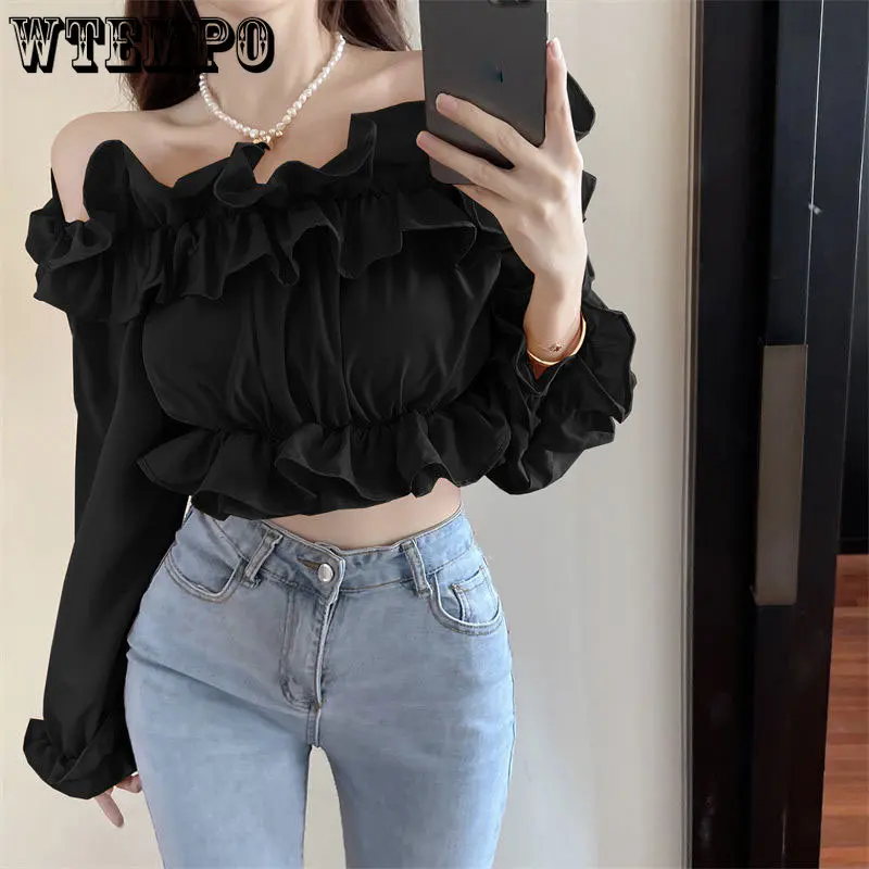 

Black Ruffle Edge Slash Neck Women Blouse Cropped Top Long-sleeved Sexy Hotsweet High Waist Navel Exposed Office Lady Summer