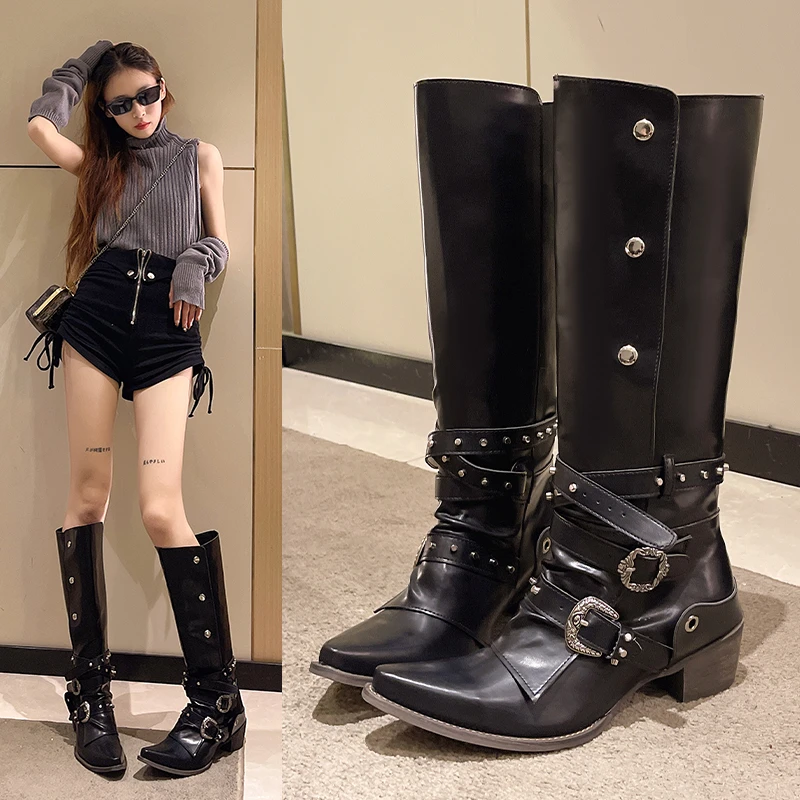 

Rivets Boots Punk Shoes Sexy Thigh High Heels High Sexy Crossdresser Over-the-Knee Med Rubber Black Pointy Rome Pointed Toe Squ