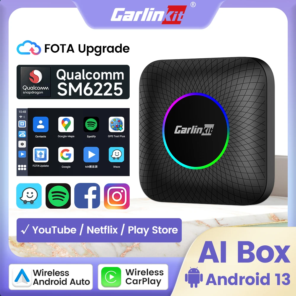 

CarlinKit CarPlay Mini Ai Box Беспроводная связь CarPlay Беспроводная связь Android Auto Android 13 ТВ-приставка Bluetooth Wi-Fi Автоматическое подключение Обновление FOTA для YouTube Netflix Точка доступа 4G LTE