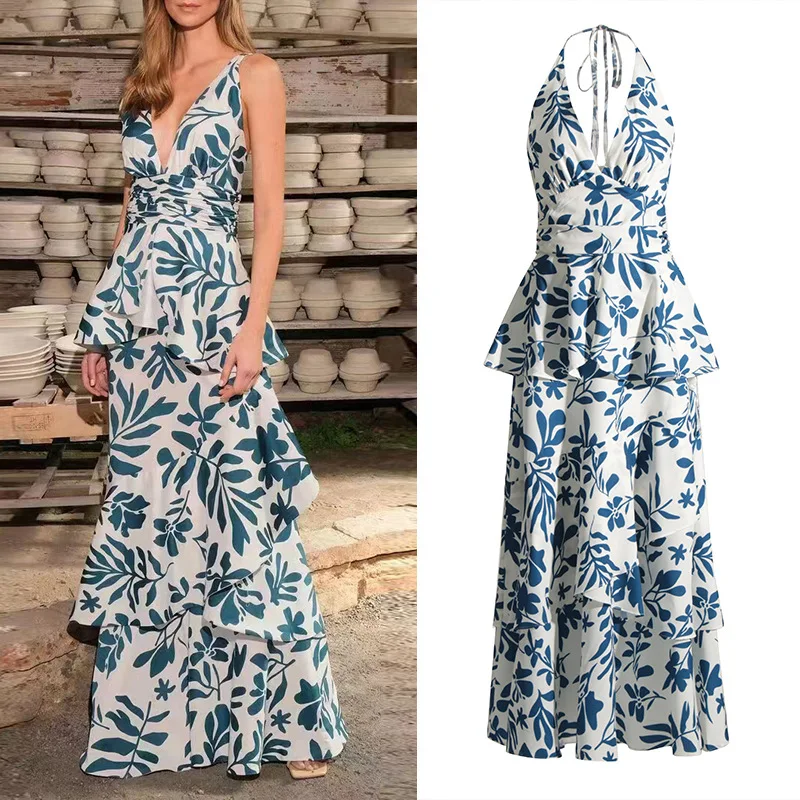 Sexy seaside vacation style sleeveless V-neck hanging neck design with waist cinched floral ruffle edge long dress for women
Sexy seaside vacation style sleeveless V-neck hanging neck design with waist cinched floral ruffle edge long dress for women