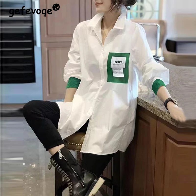 

Korean Simple Contrast Color Oversized Streetwear Women Button Up Shirt Fashion Patch Design Long Sleeve Tunic Blouse Top Female