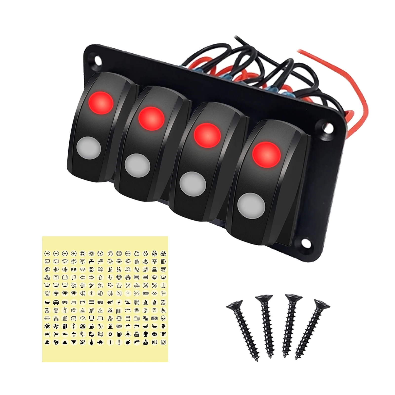 

4 Gang Switch Panel 7Pins ON OFF ON 3 Way DPDT Rocker Button Switch Red Led With Stickers Waterproof Parts Car Boat Accessories