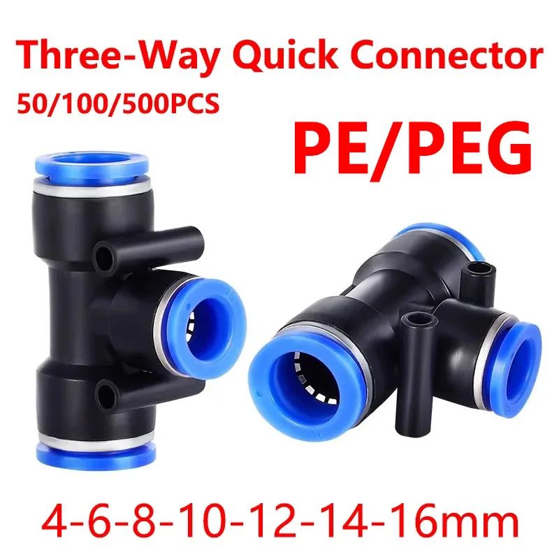

50/100/500PCS PE PEG Pneumatic Air Connector Quick Fitting Tee Reducer 3 Way T-shaped Plastic Pipe Hose Connector 4/6/8/10/12mm