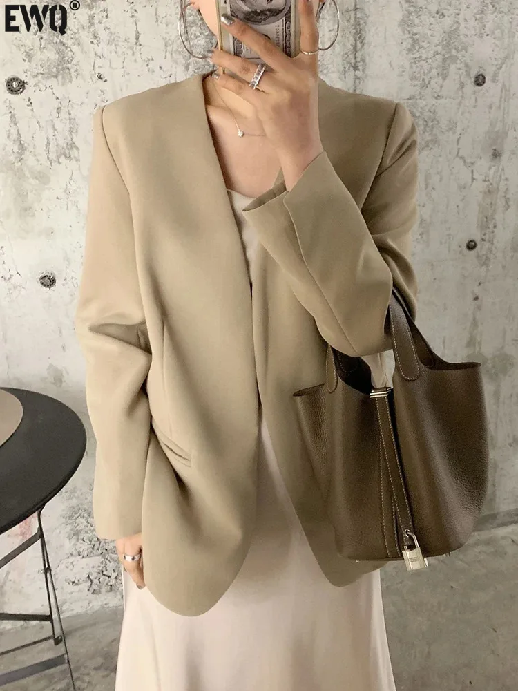 

[EWQ] Korean Chic Simple Collarless Cardigan Khaki Casual Blazer Coat Solid Color All Match Jacket Women 2024 Spring Autumn 7919