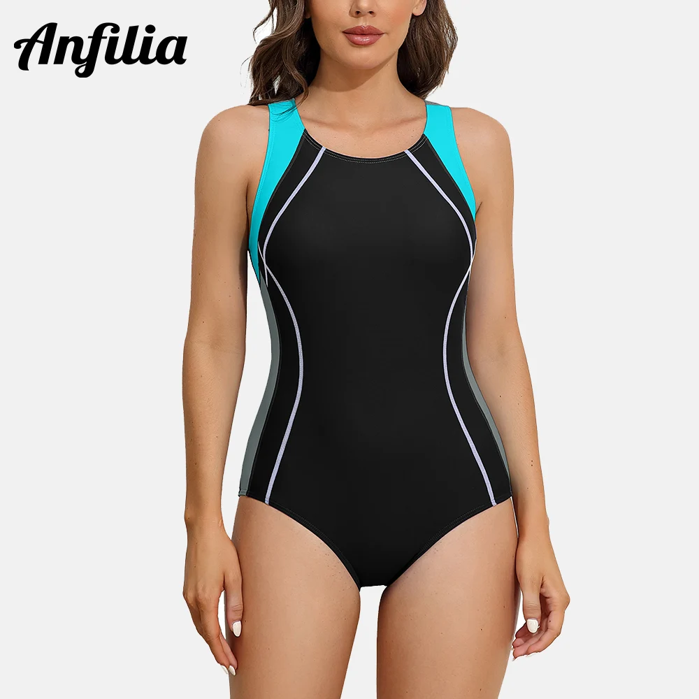 

Anfilia Women One-Piece Sports Swimsuit Athletic Professional Training Bathing Suits Color Block Sewn-In Bra Skinny Swimwear