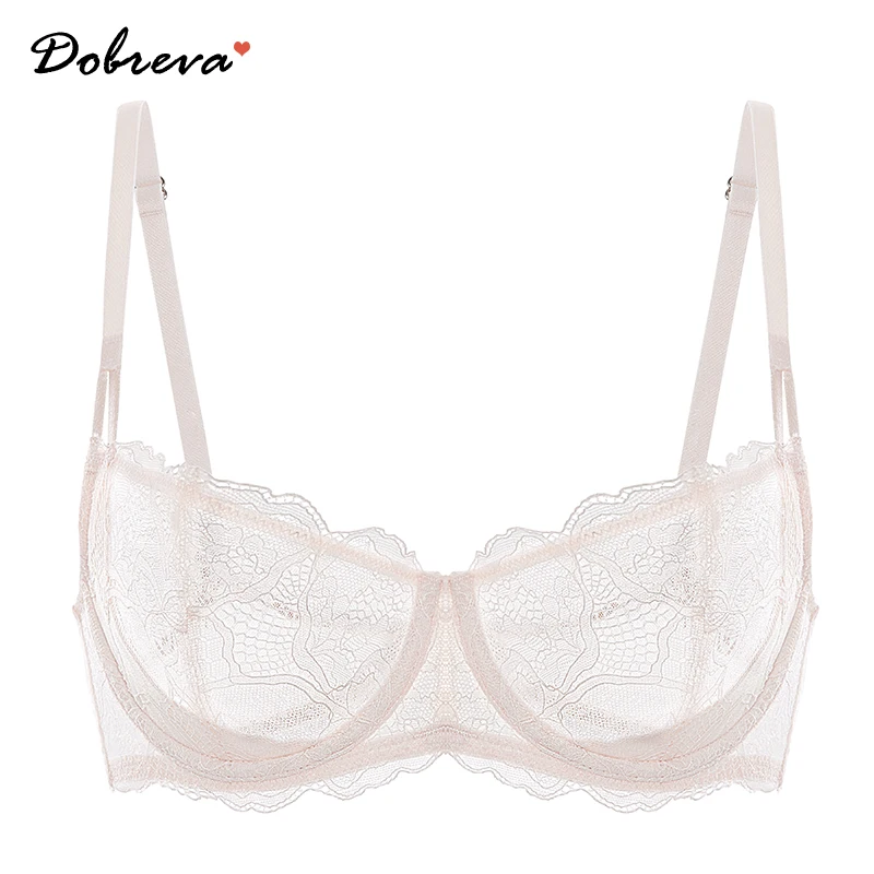 

DOBREVA Women's Lace Bra Balconette Push Up Sexy Plus Size Unlined Sheer Underwire Floral See Through Lingerie
