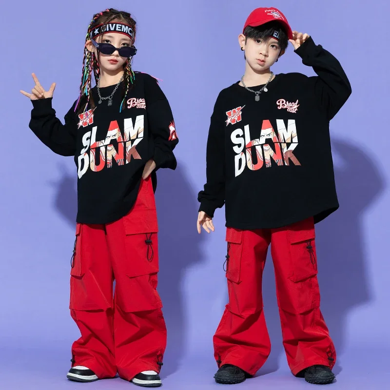

Детская одежда в стиле хип-хоп, красный свитшот, брюки-карго, одежда для уличных танцев для мальчиков и девочек, уличная одежда, детский спортивный костюм джаза, одежда