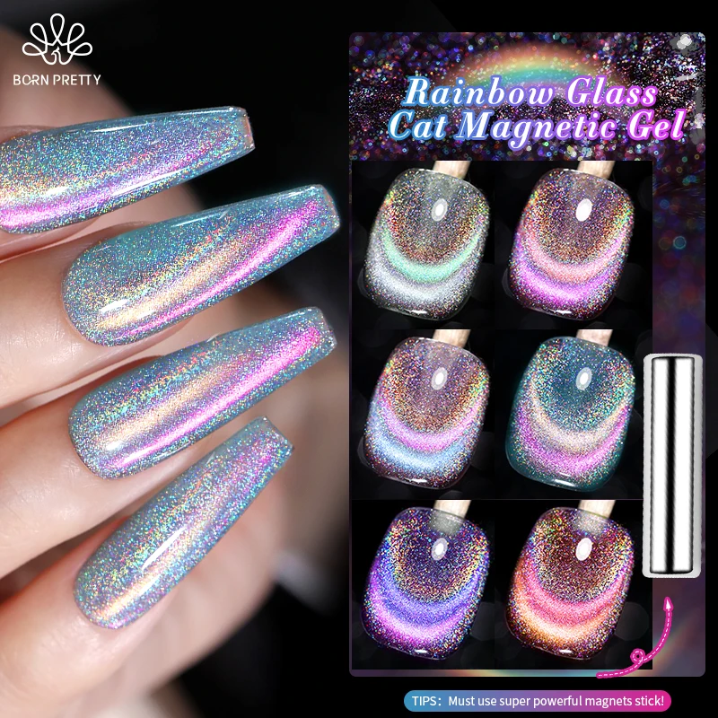 

BORN PRETTY 10ml Rainbow Glass Cat Magnetic Gel Nail Polish Double Light Sparkling Glitter Soak Off Varnis Semi Permanent Nails