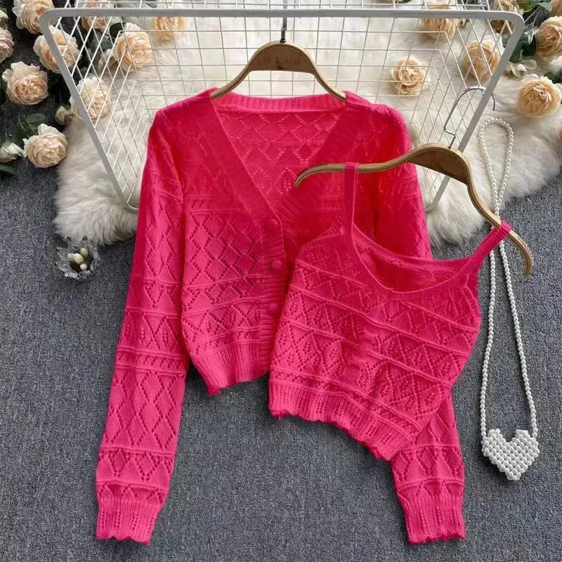 

Hollow Knit Sweater Suit Femme Spring Autumn Women's Fashion Gentle Knitted Top Cardigan Coat With Suspender Two-Piece Set